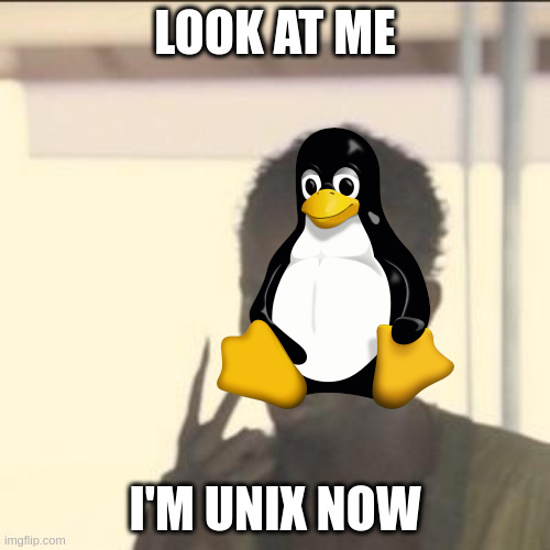Meme pic of pirate captain from the movie Captain Phillips (2013) whose face is overlaid with the "Tux" Linux mascot, and the top text "LOOK AT ME" and bottom text "I'M UNIX NOW"