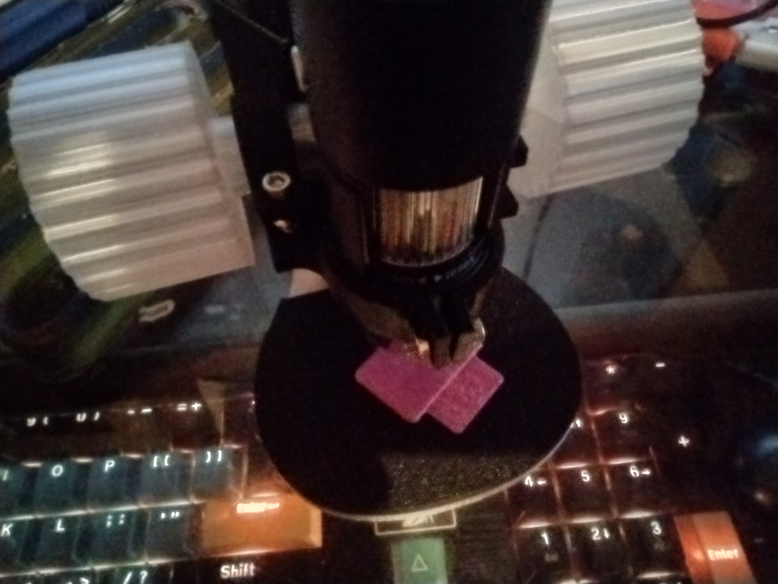 USB microscope in 3d printed stand, examining a 3d printer calibration sample