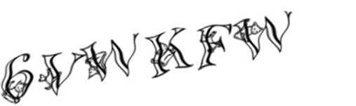 This is a sample CAPTCHA image from Rapidshare. This is apparently how they entice users to sign up. Can you see which characters are combined with a cat, and what letters they are?