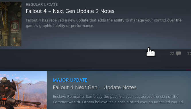 Screenshot from Steam of Fallout 4 Update News